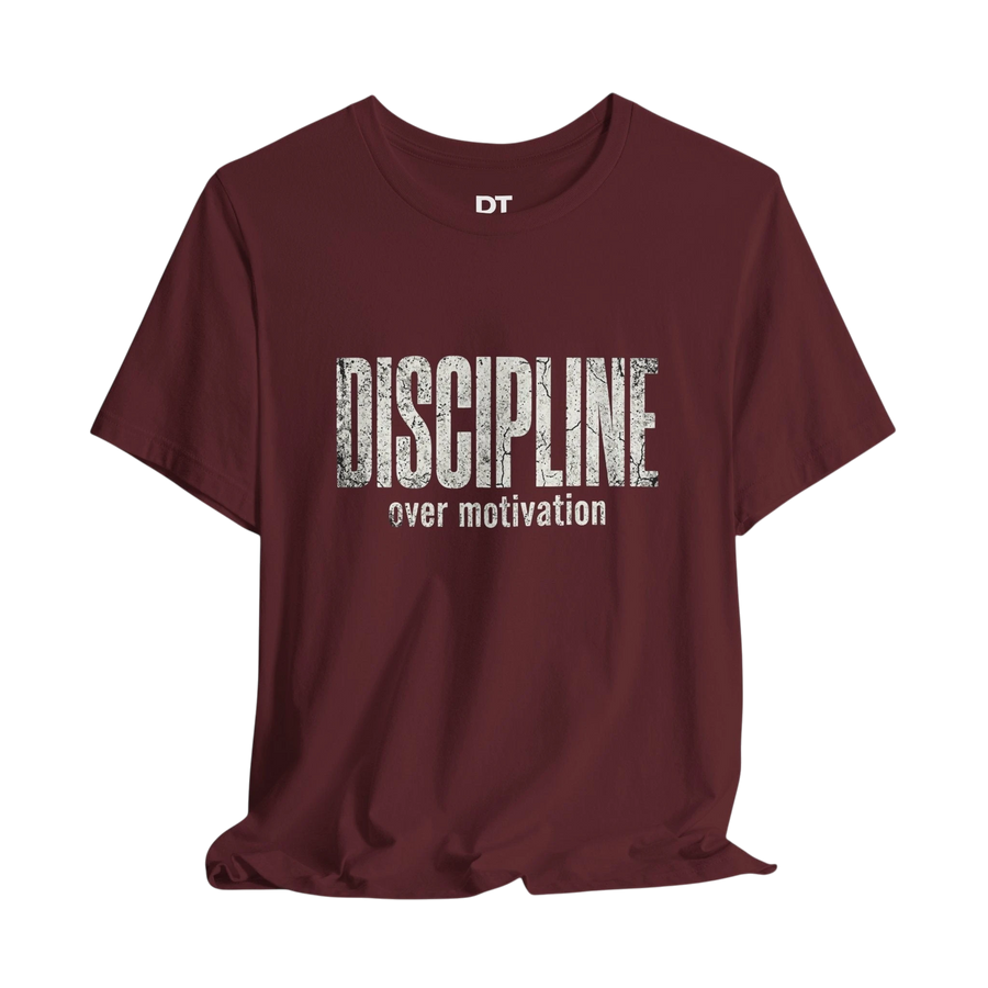 DailyThreadCo. maroon 100% cotton t-shirt with distressed "DISCIPLINE over motivation" graphic print.