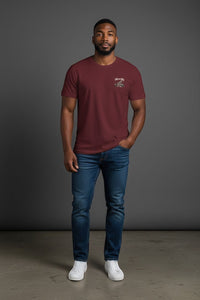 DailyThreadCo. maroon 100% cotton t-shirt with skeleton deadlifting graphic and 