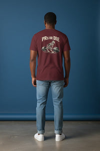 DailyThreadCo. maroon 100% cotton t-shirt with skeleton deadlifting graphic and 