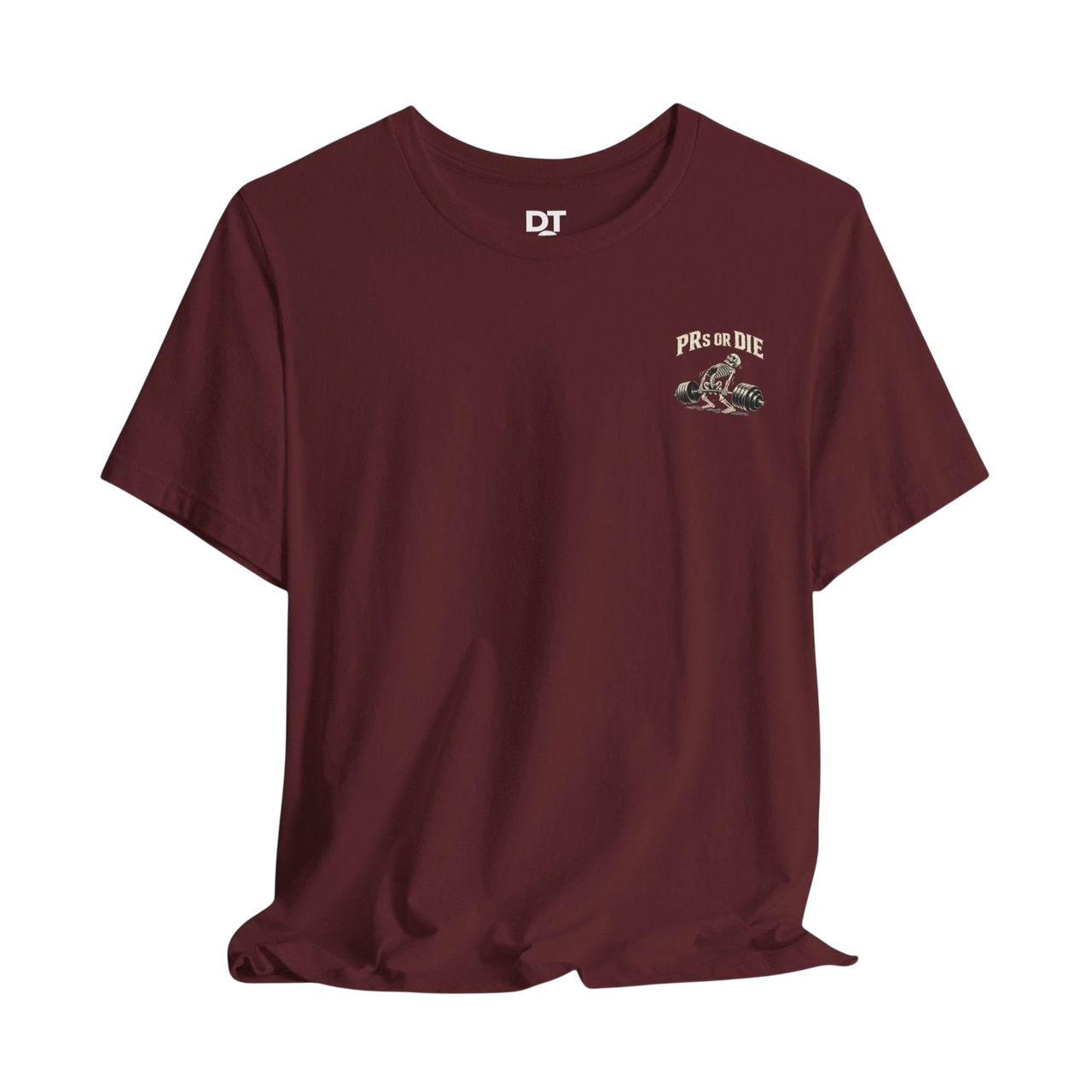 DailyThreadCo. maroon 100% cotton t-shirt with a skeleton deadlifting graphic and "PRs or Die" text on the back.