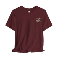 DailyThreadCo. maroon 100% cotton t-shirt with a skeleton deadlifting graphic and 
