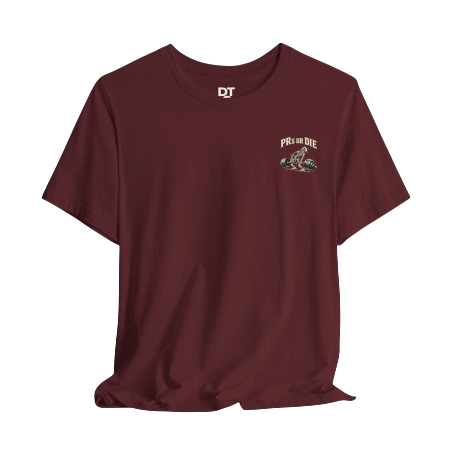 DailyThreadCo. maroon 100% cotton t-shirt with a skeleton deadlifting graphic and "PRs or Die" text on the back.