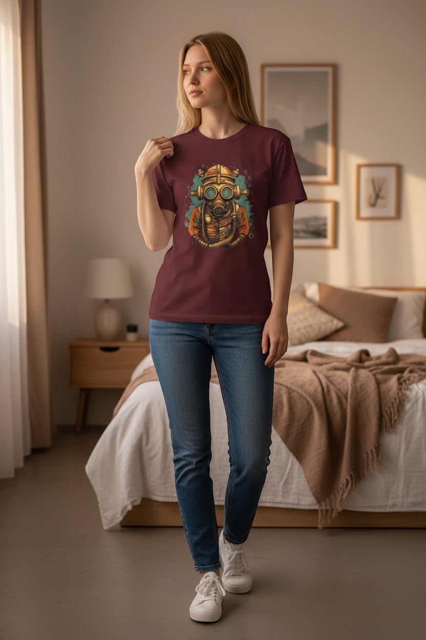 DailyThreadCo. maroon 100% cotton t-shirt with vintage steampunk diver mask graphic print.