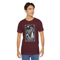 DailyThreadCo. maroon crew neck t-shirt with vintage Strength tarot card illustration of a woman and lion.
