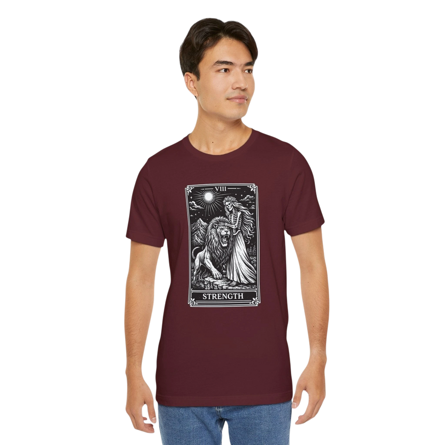 DailyThreadCo. maroon crew neck t-shirt with vintage Strength tarot card illustration of a woman and lion.