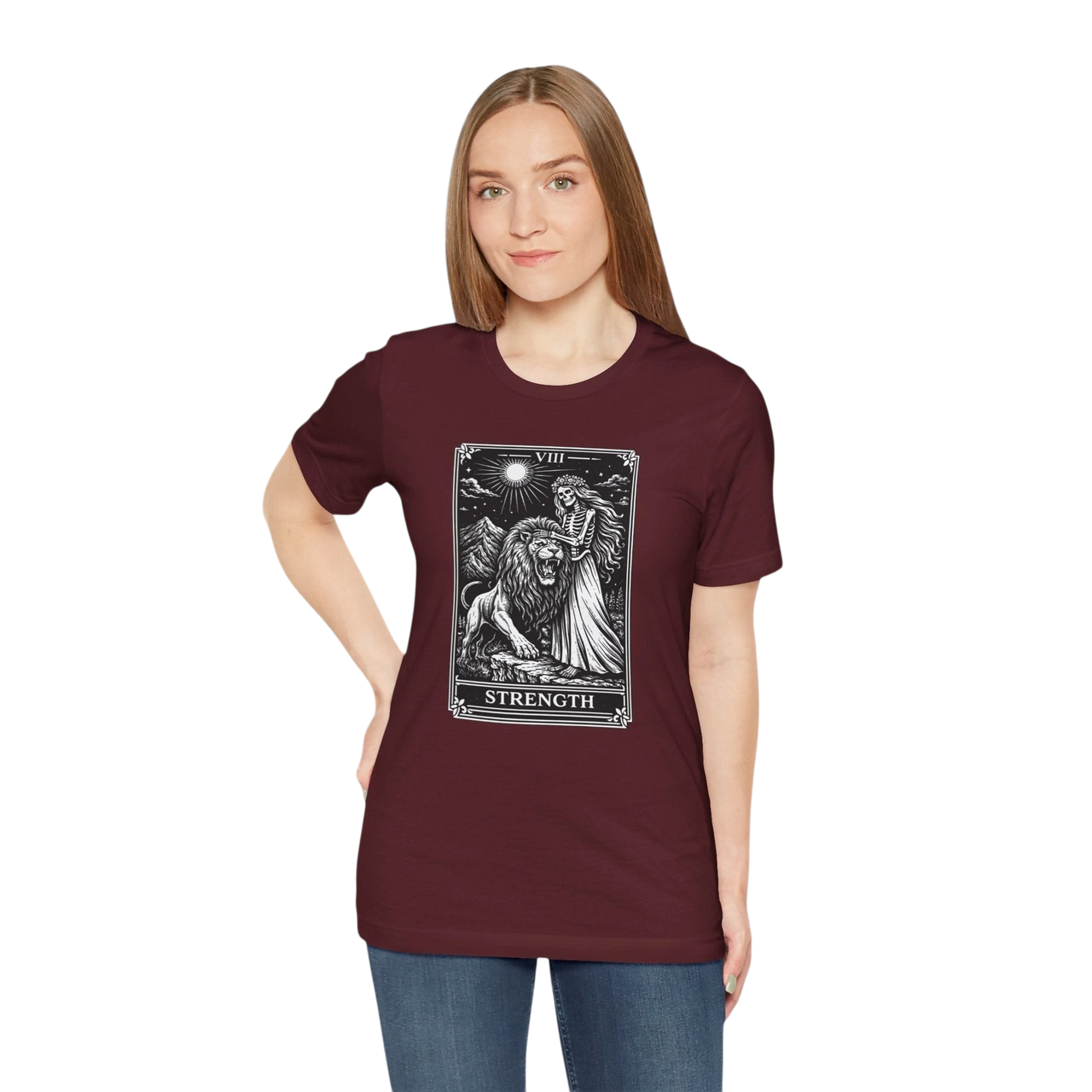 DailyThreadCo. maroon crew neck t-shirt with vintage Strength tarot card illustration of a woman and lion.