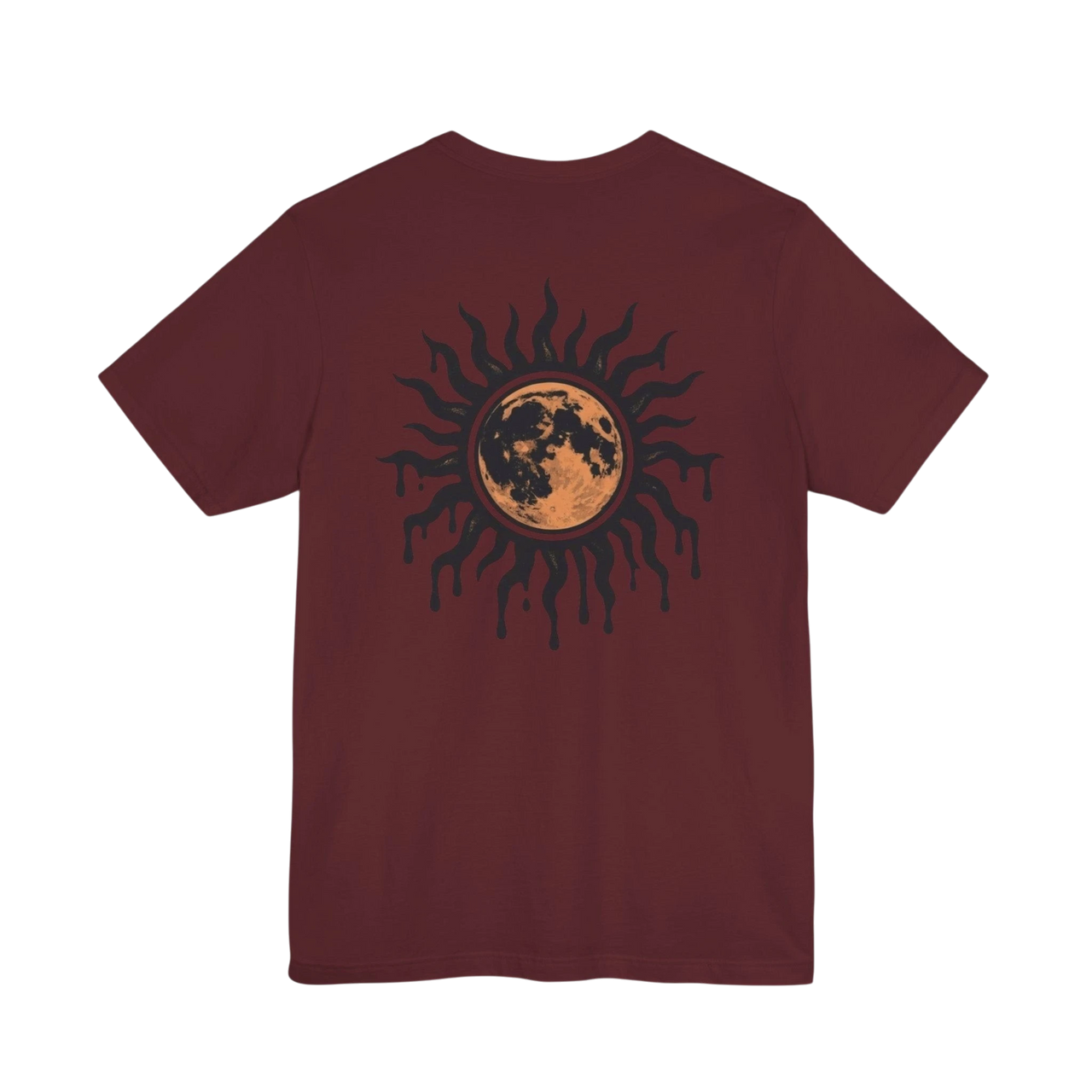 DailyThreadCo. maroon 100% cotton t-shirt with a distressed sun and moon graphic on the back.