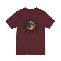DailyThreadCo. maroon 100% cotton t-shirt with a distressed sun and moon graphic on the back.
