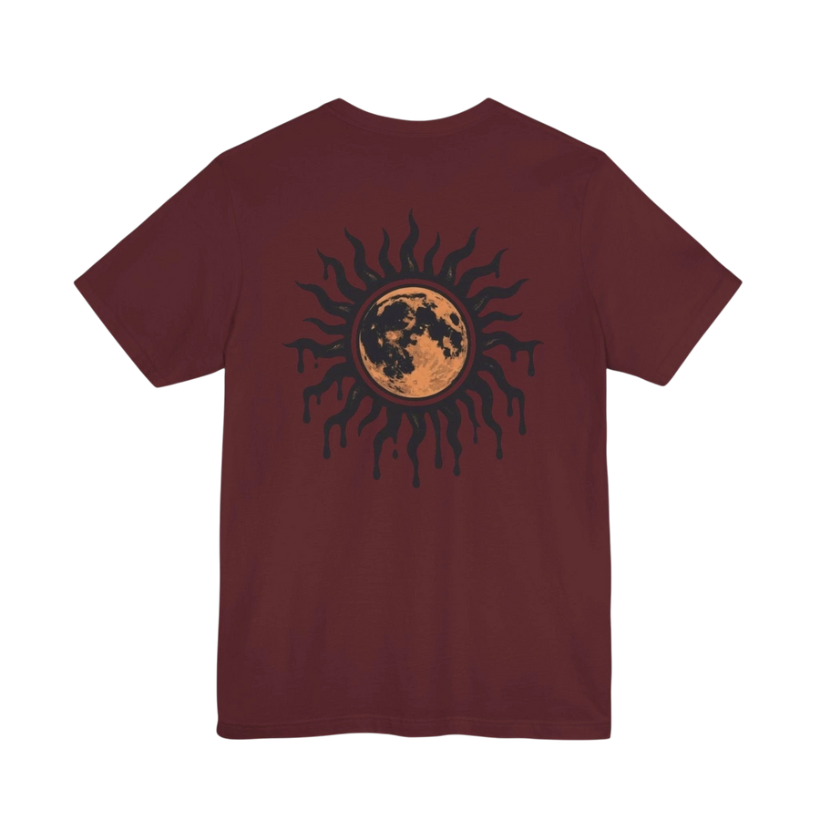 DailyThreadCo. maroon 100% cotton t-shirt with a distressed sun and moon graphic on the back.