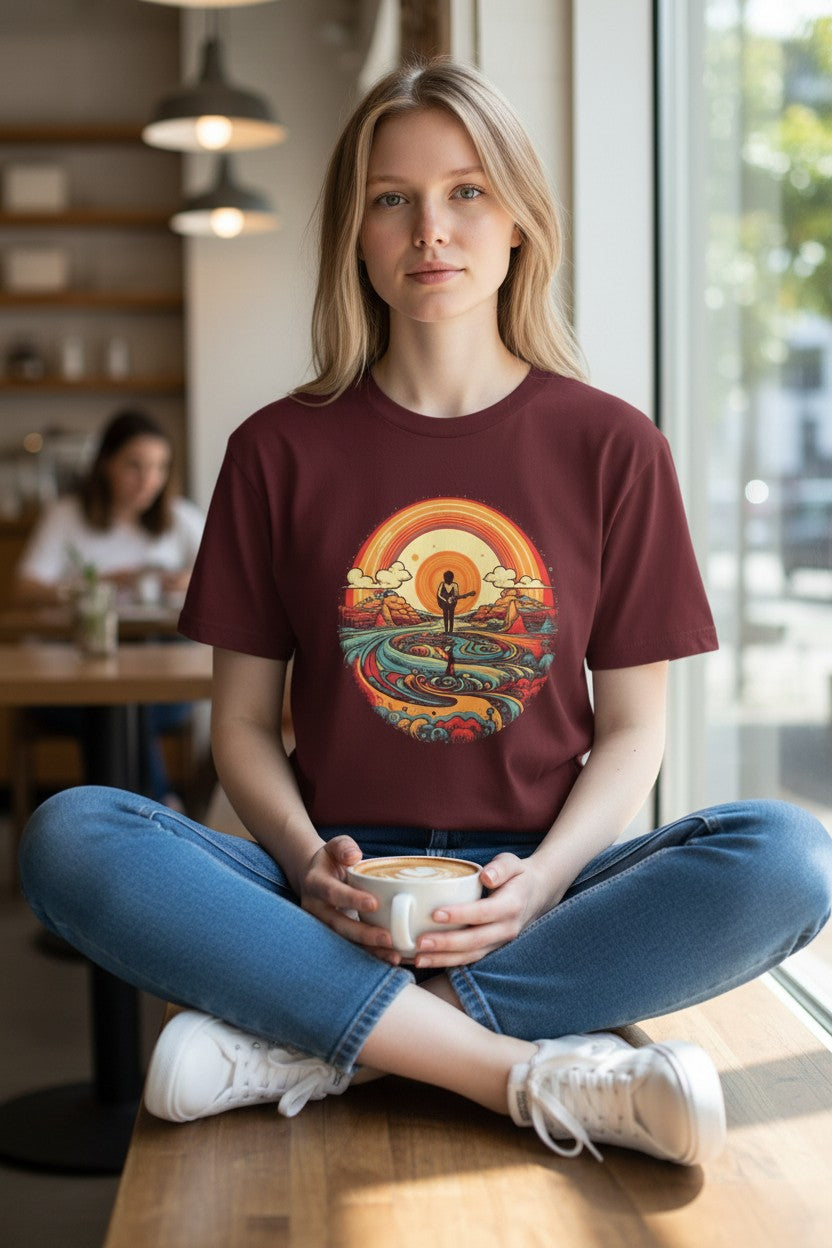 DailyThreadCo. maroon 100% cotton t-shirt with retro sunset graphic and surfer playing guitar.