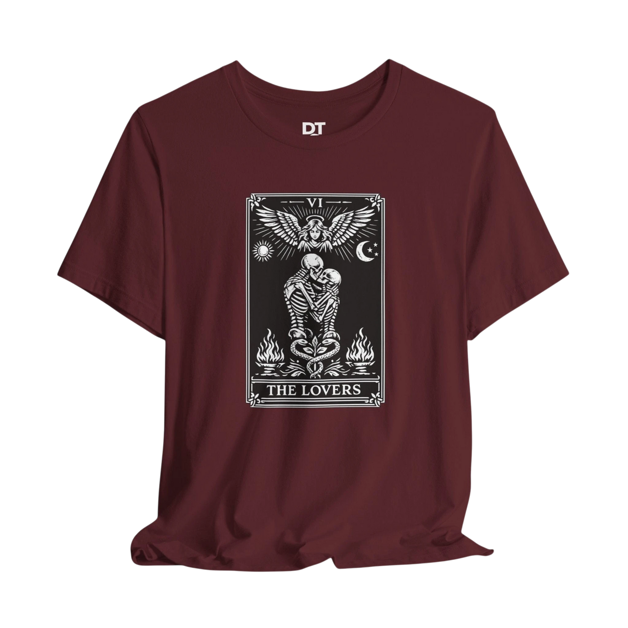 DailyThreadCo. maroon cotton t-shirt with a black and white graphic of The Lovers tarot card, featuring skeleton figures and occult symbols.