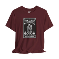 DailyThreadCo. maroon cotton t-shirt with a black and white graphic of The Lovers tarot card, featuring skeleton figures and occult symbols.