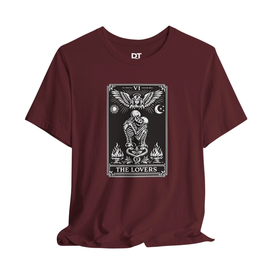 DailyThreadCo. maroon cotton t-shirt with a black and white graphic of The Lovers tarot card, featuring skeleton figures and occult symbols.