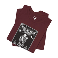 DailyThreadCo. maroon cotton t-shirt with a black and white graphic of The Lovers tarot card featuring skeletons, an angel, sun, moon, and flames.