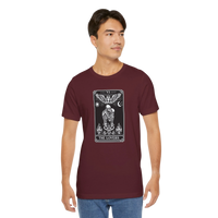 DailyThreadCo. maroon 100% cotton t-shirt with a black and white graphic of The Lovers tarot card, featuring skeletons, an angel, sun, moon, and flames.