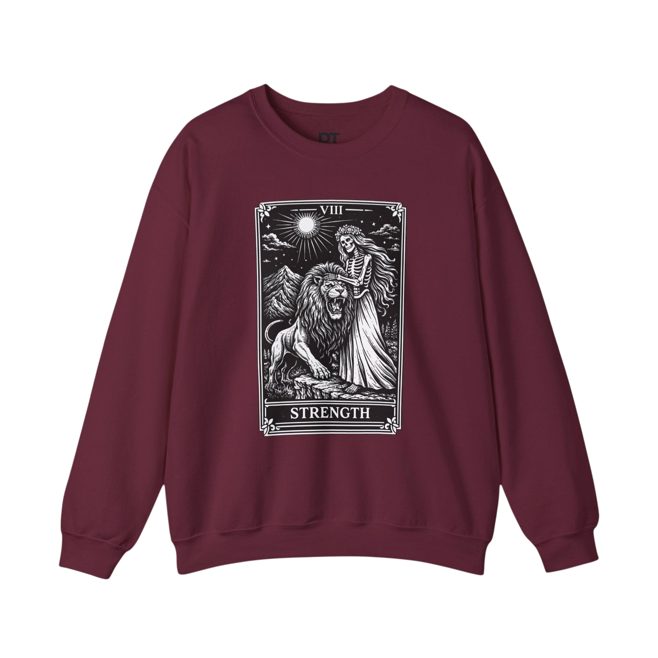 DailyThreadCo. maroon crewneck sweatshirt with a black tarot strength card graphic featuring a skeleton woman and a lion.