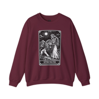 DailyThreadCo. maroon crewneck sweatshirt with a black tarot strength card graphic featuring a skeleton woman and a lion.