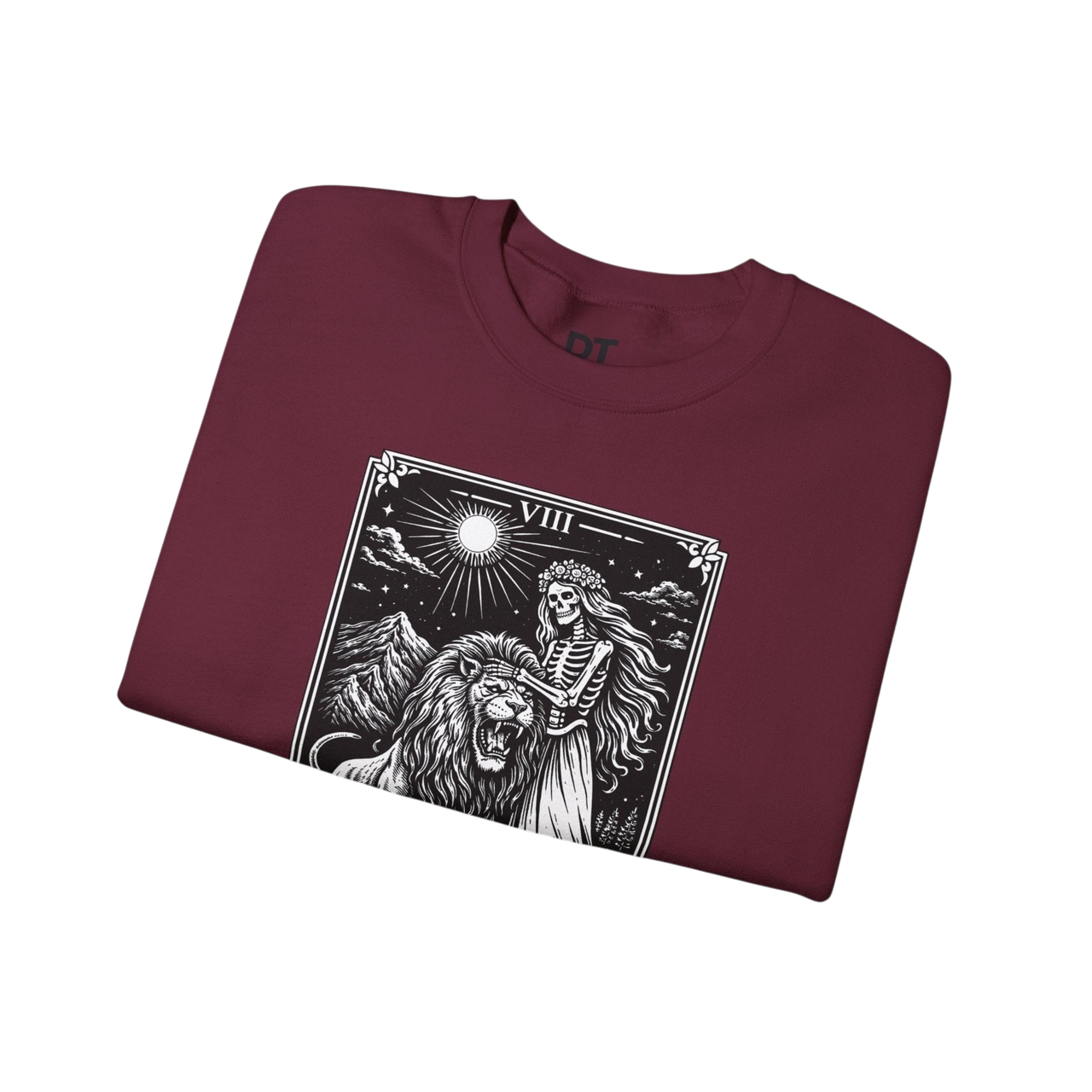 DailyThreadCo. maroon crewneck sweatshirt with a black tarot strength card graphic featuring a skeleton woman and a lion.