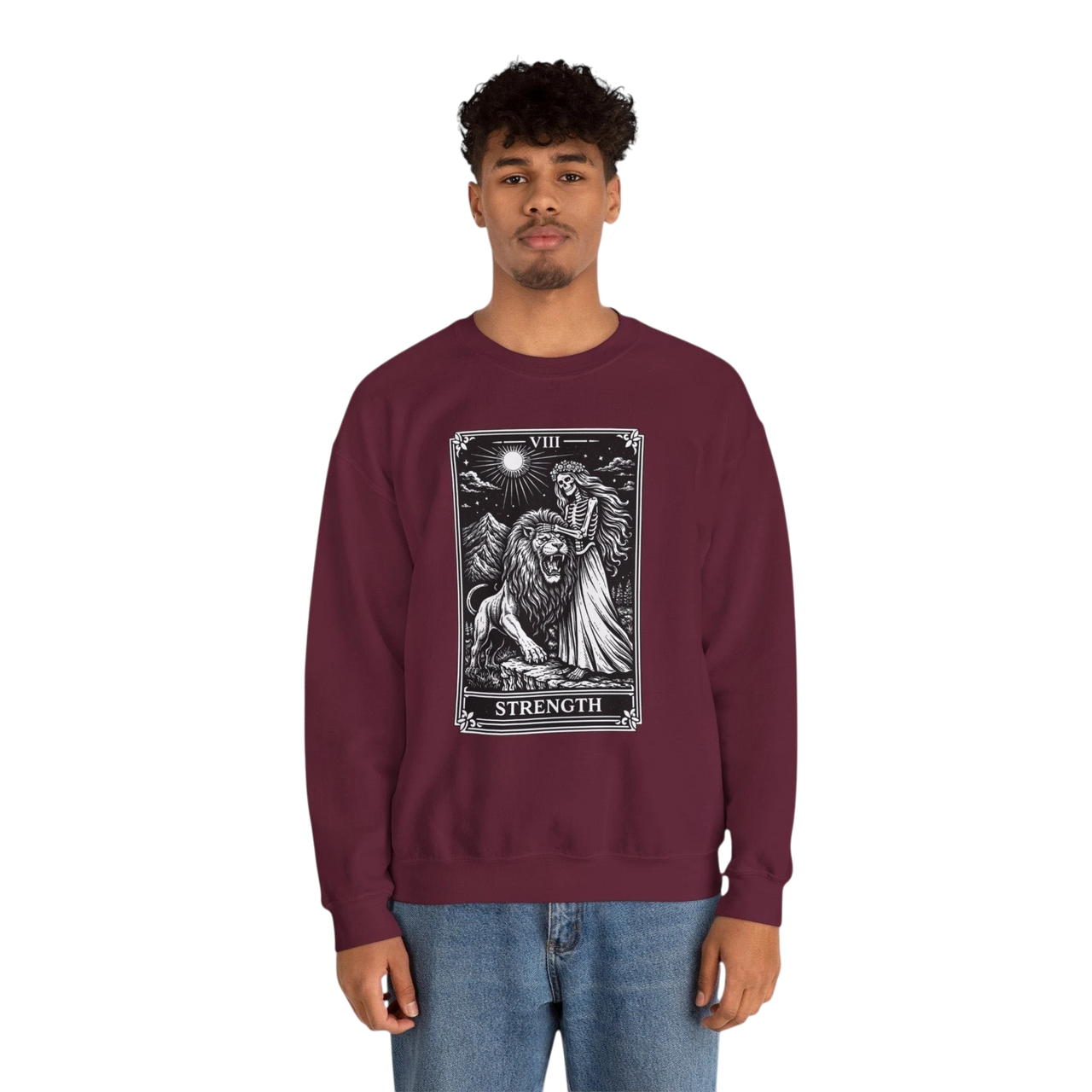 DailyThreadCo. maroon crewneck sweatshirt with a black and white tarot strength card graphic featuring a woman and a lion.