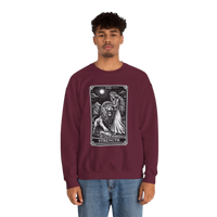 DailyThreadCo. maroon crewneck sweatshirt with a black and white tarot strength card graphic featuring a woman and a lion.