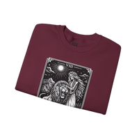 DailyThreadCo. maroon crewneck sweatshirt with a black tarot strength card graphic featuring a skeleton woman and a lion.