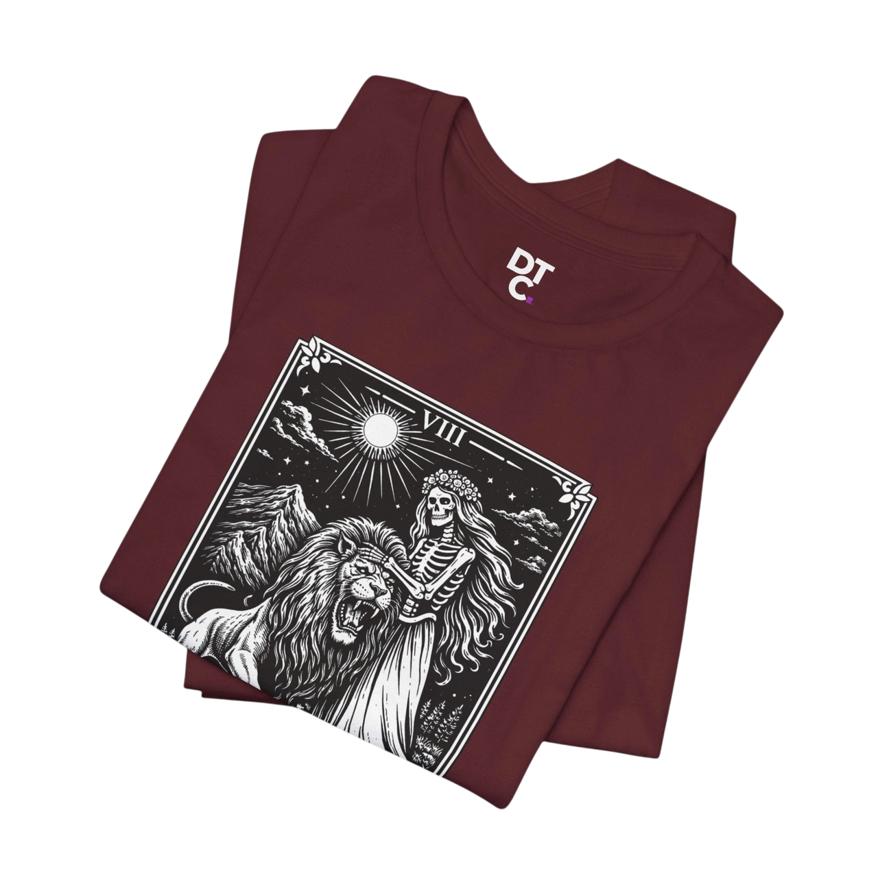 DailyThreadCo. maroon 100% cotton t-shirt with vintage Strength tarot card illustration of a skeleton woman and a lion.