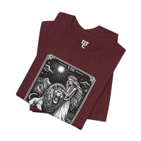 DailyThreadCo. maroon 100% cotton t-shirt with vintage Strength tarot card illustration of a skeleton woman and a lion.