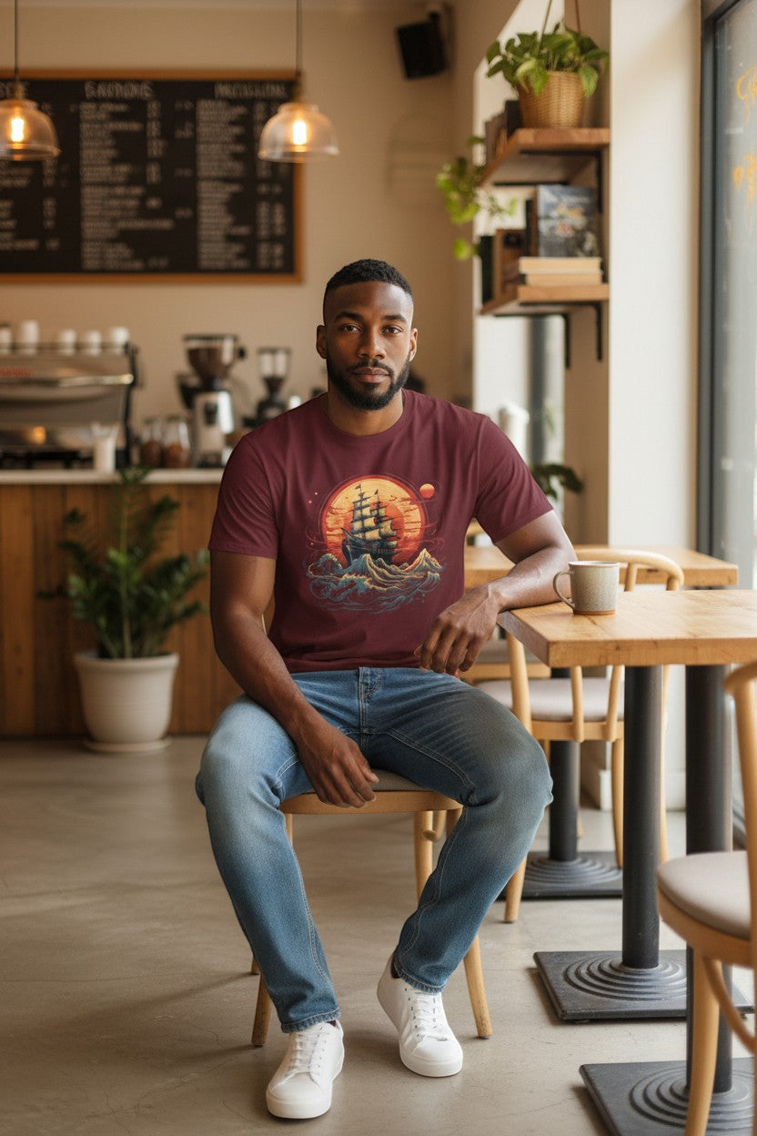 DailyThreadCo. maroon cotton t-shirt with vintage sailing ship graphic on wavy ocean at sunset.