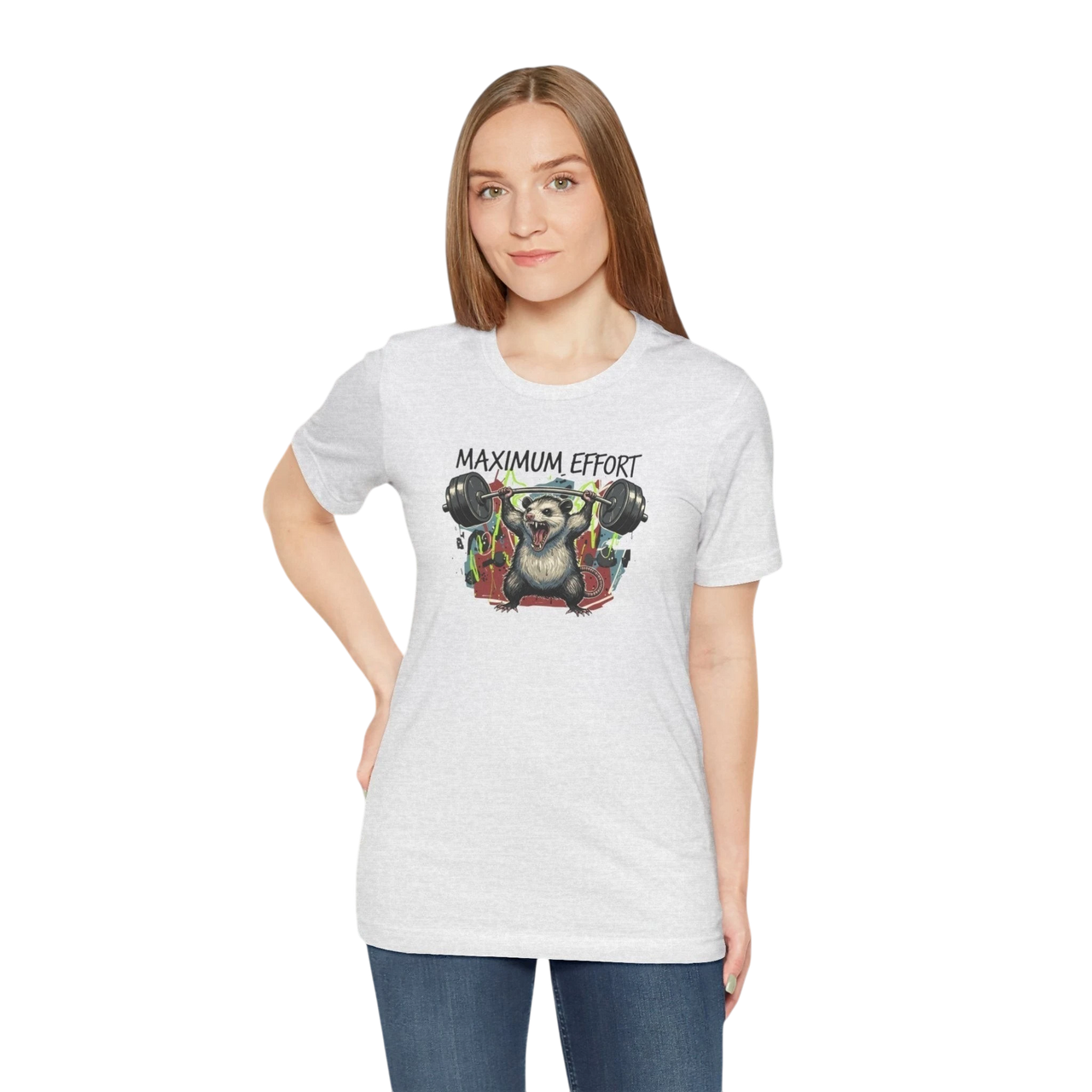 DailyThreadCo. light grey 100% cotton t-shirt with a graphic of a possum lifting a barbell and the text MAXIMUM EFFORT.