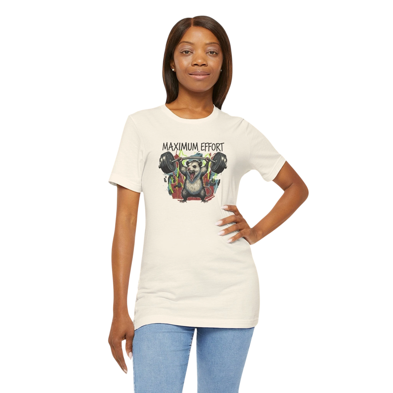 DailyThreadCo. cream cotton t-shirt with a graphic of a possum lifting weights and the text "MAXIMUM EFFORT".