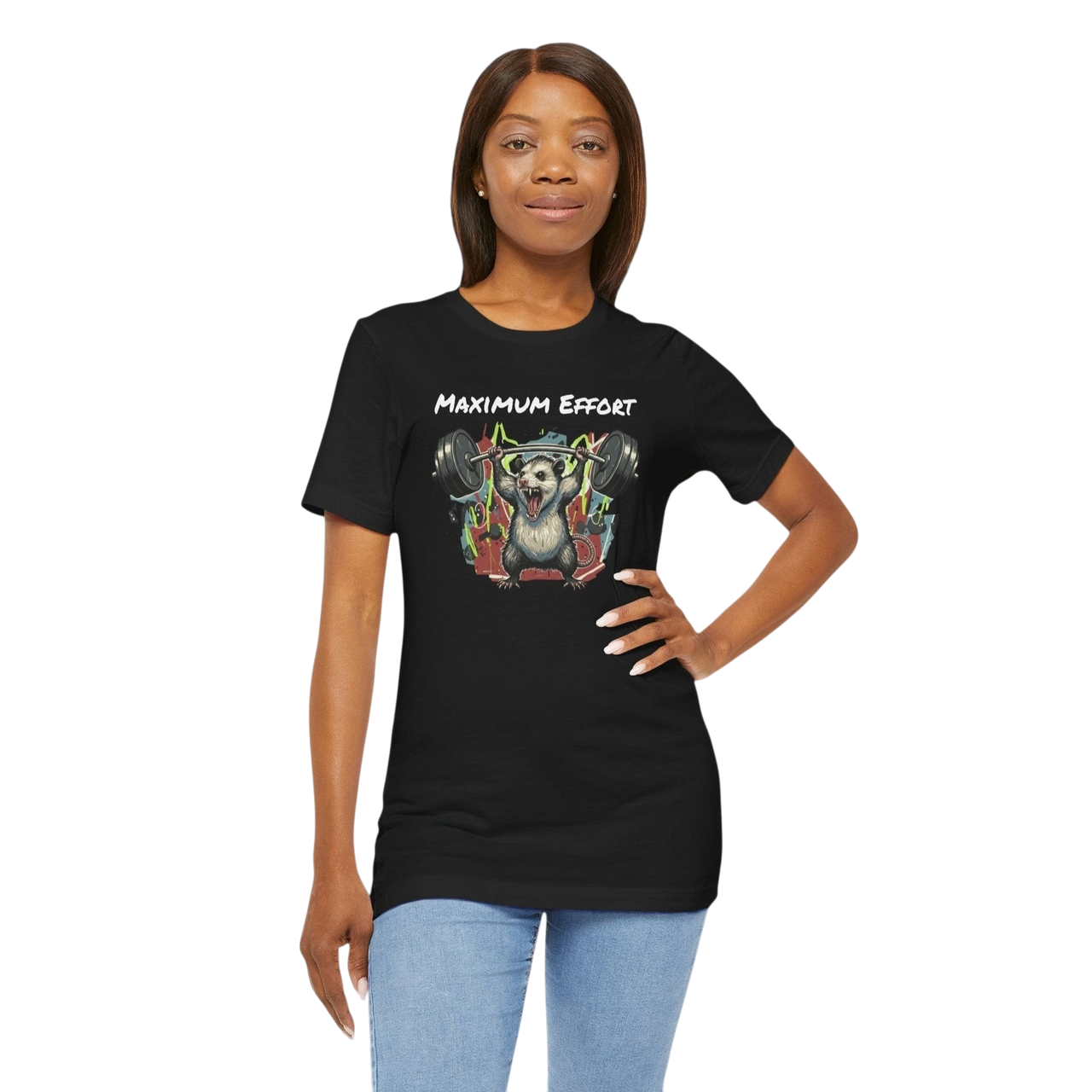 DailyThreadCo. black 100% cotton t-shirt with a graphic of a possum lifting weights and the text MAXIMUM EFFORT.