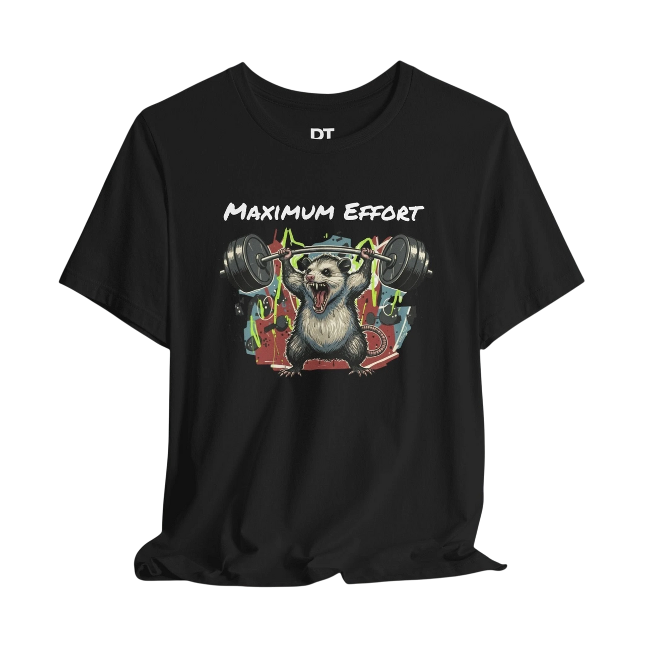 DailyThreadCo. black 100% cotton t-shirt with a funny graphic of a possum lifting weights and the text "MAXIMUM EFFORT".