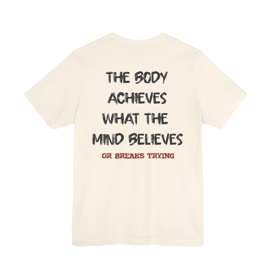 DailyThreadCo. cream cotton athletic tee with "The Body Achieves What the Mind Believes" graphic on back.