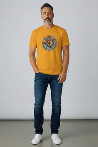 DailyThreadCo. yellow cotton t-shirt with a vintage nautical compass, ship wheel, and ocean waves graphic.