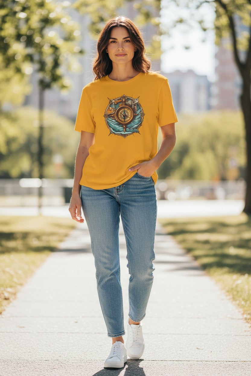 DailyThreadCo. yellow 100% cotton t-shirt with a vintage nautical compass, ship wheel, and ocean waves graphic.