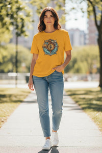 DailyThreadCo. yellow 100% cotton t-shirt with a vintage nautical compass, ship wheel, and ocean waves graphic.