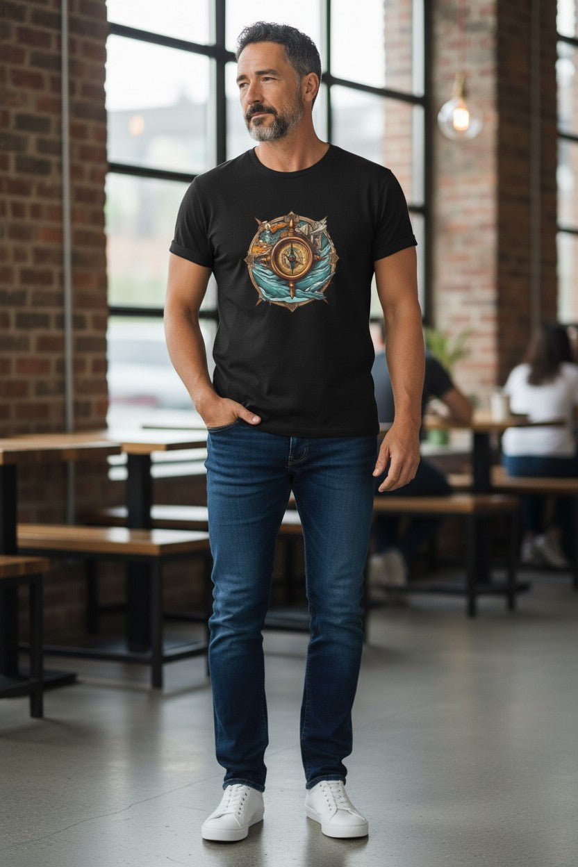 DailyThreadCo. black 100% cotton t-shirt with a vintage nautical compass graphic featuring teal waves and rope detail.