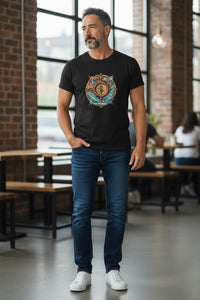 DailyThreadCo. black 100% cotton t-shirt with a vintage nautical compass graphic featuring teal waves and rope detail.