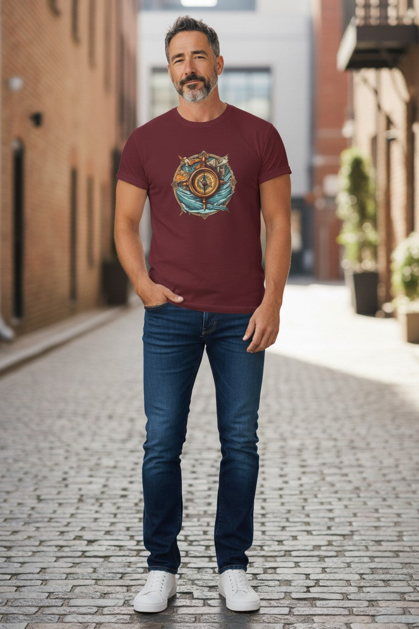 DailyThreadCo. maroon 100% cotton t-shirt with a vintage nautical compass, ocean waves, and ship wheel graphic.