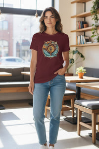 DailyThreadCo. maroon 100% cotton t-shirt with a vintage nautical compass, ocean waves, and ship wheel graphic.