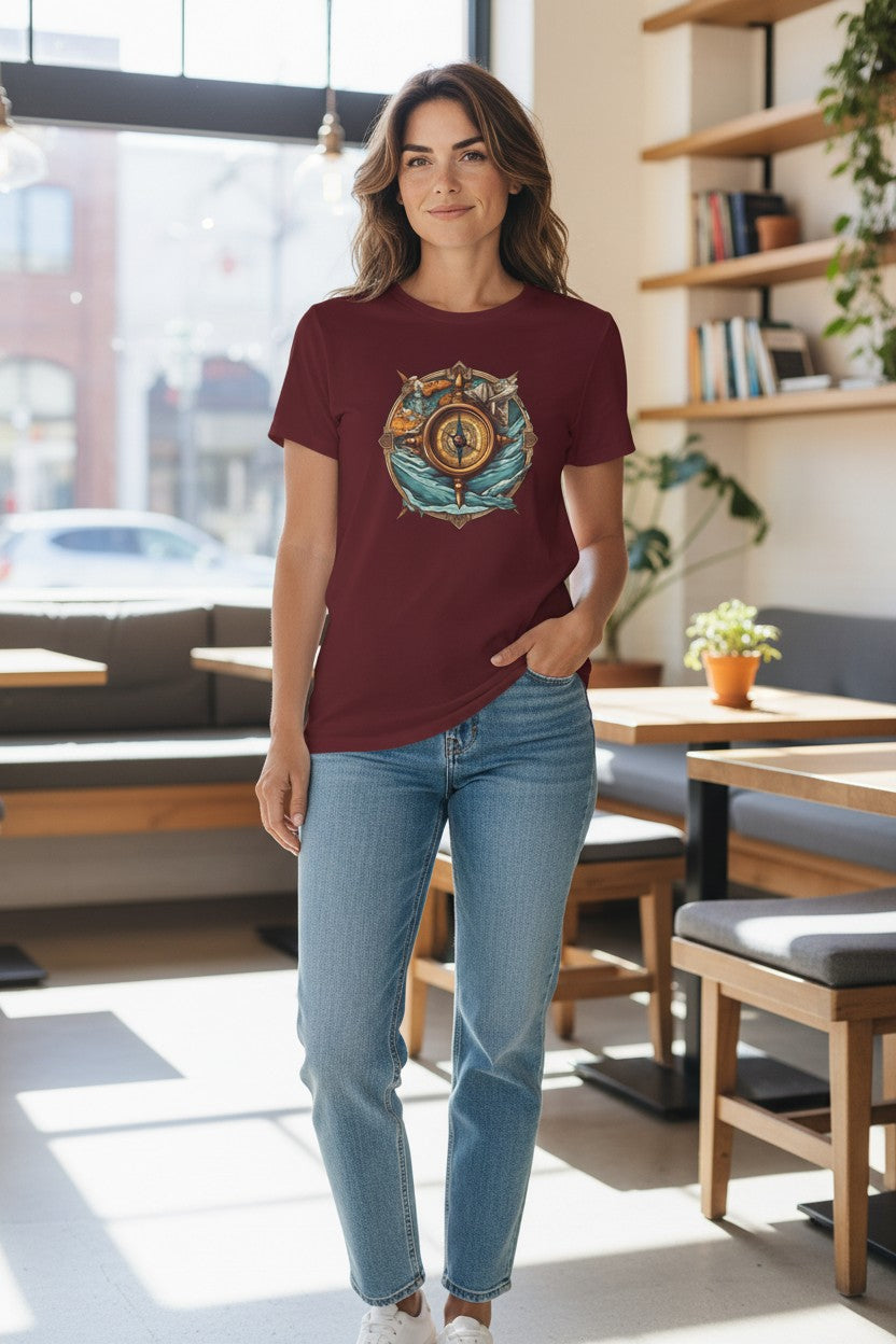 DailyThreadCo. maroon 100% cotton t-shirt with a vintage nautical compass, ocean waves, and ship wheel graphic.