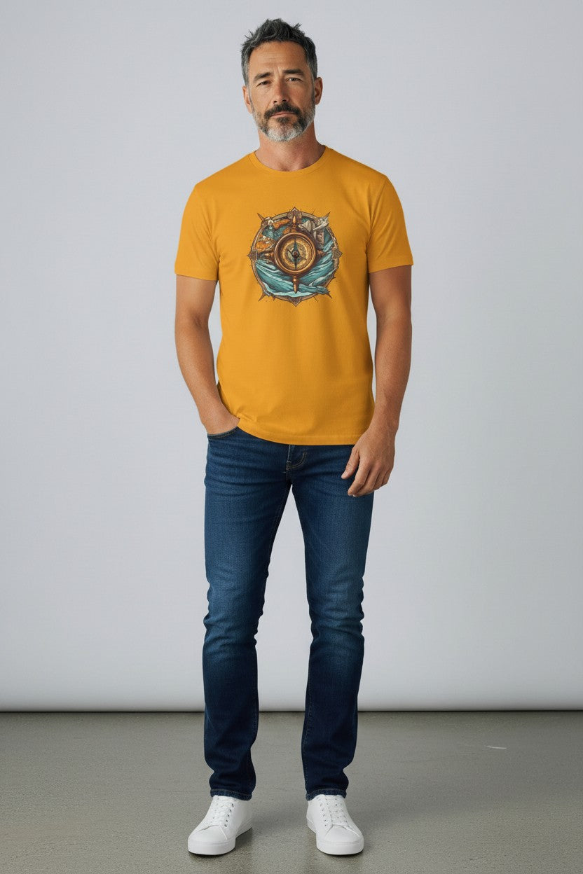 DailyThreadCo. yellow cotton t-shirt with a vintage nautical compass, ship wheel, and ocean waves graphic.