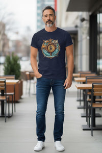 DailyThreadCo. navy blue 100% cotton t-shirt with a vintage nautical compass graphic featuring ocean waves and a ship wheel.