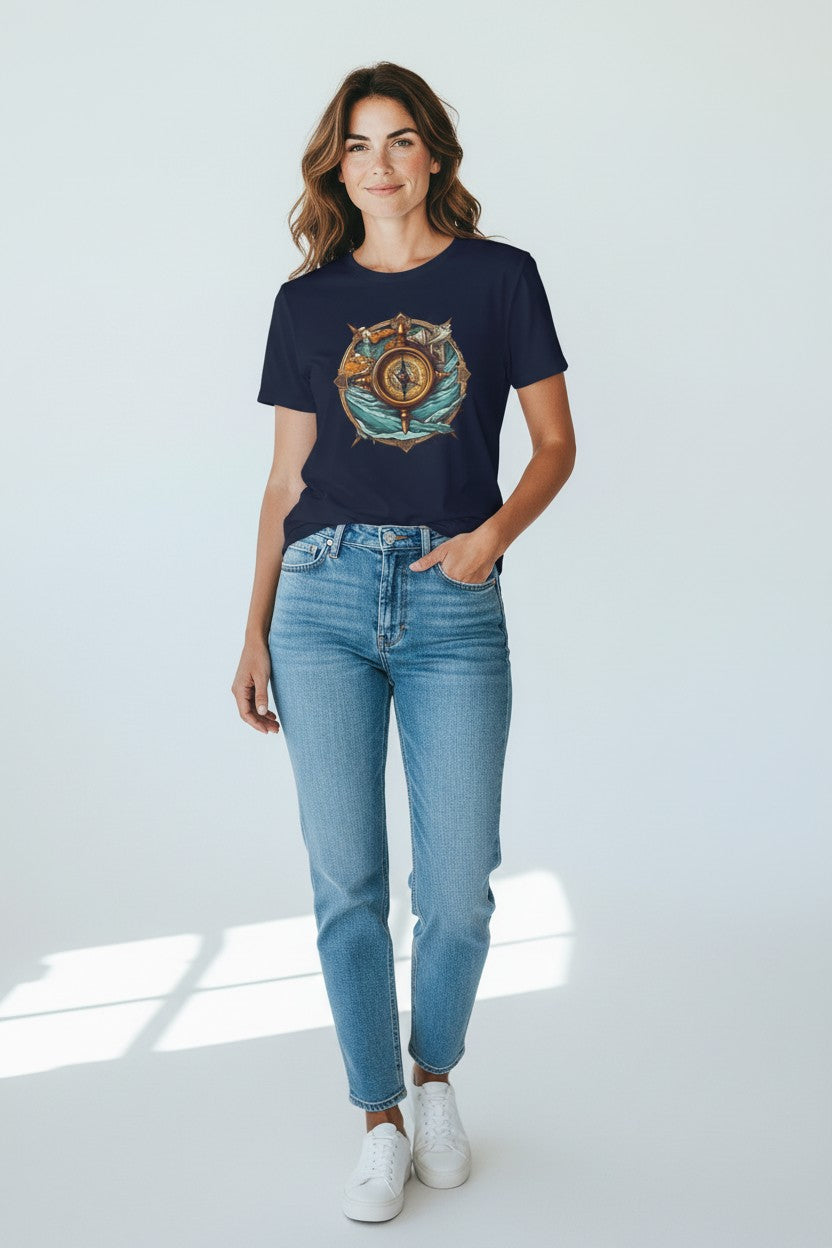 DailyThreadCo. navy blue 100% cotton t-shirt with a vintage nautical compass, ocean waves, and ship wheel graphic.