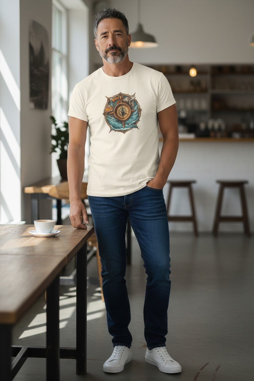 DailyThreadCo. cream cotton t-shirt with a vintage nautical compass, ocean waves, and ship wheel graphic.