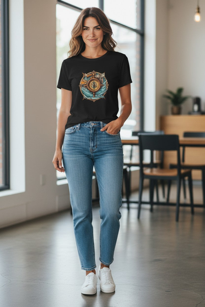 DailyThreadCo. black 100% cotton t-shirt with a vintage nautical compass graphic featuring teal ocean waves and a ship wheel.