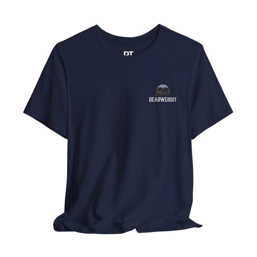 DailyThreadCo. navy blue 100% Airlume cotton t-shirt with crew neck and small skull graphic with "DEADWEIGHT" text on chest.