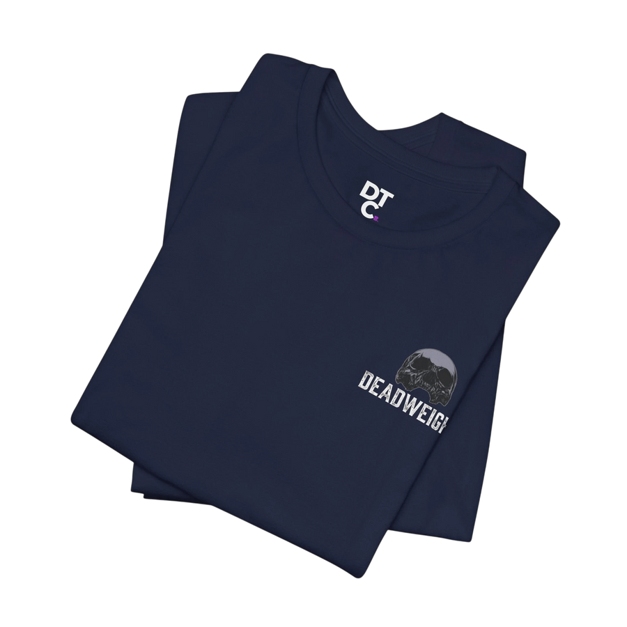 DailyThreadCo. navy blue cotton athletic tee with crew neck and "DEADWEIGH" graphic on chest.