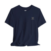 DailyThreadCo. navy blue 100% cotton t-shirt with a small grey skull and crossed barbells emblem on the left chest.