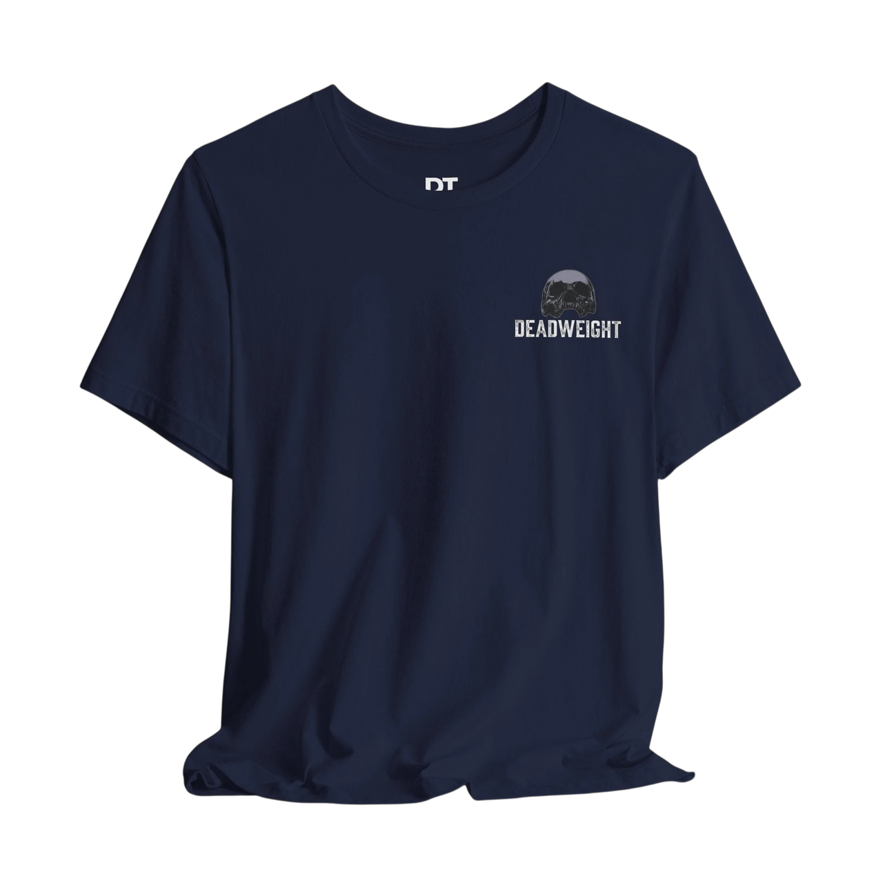 DailyThreadCo. navy blue 100% cotton t-shirt with a small skull logo and "DEADWEIGHT" text on the chest.